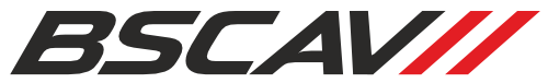 Logo firmy BSCAV. Czarne litery BSCAV i obok dwie czerwone, ukośne kreski.